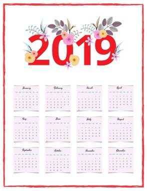 2019, çiçeklerle süslenmiş için yıllık duvar takvim tasarımı.