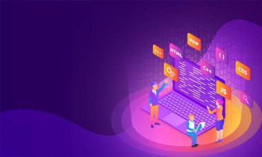 Çözümleyici veya geliştirici arama sorun laptop, farklı programlama dilleri Web kavramını geliştirmek için arka plan kodlama ikili üzerinde.