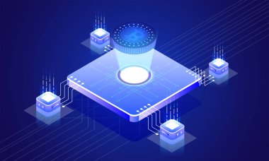 Kripto madenciliği konsepti için mavi arka plan üzerinde yerel sunucuları ile bağlı parlayan bitcoin server.