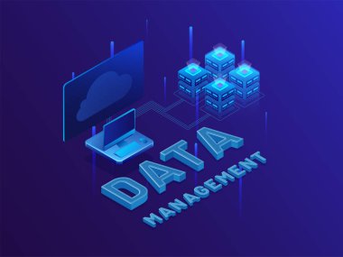 web sunucuları ve parlak mavi arka plan, izometrik tasarım veri yönetimi veya depolama kavramı için masaüstünde 3D metin veri yönetimi.