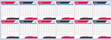 Resepsiyon Takvim düzeni, ayarla 2019 için 12 aylık.