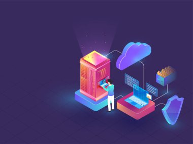 Veri yönetimi veya güvenlik konsept illüstrasyon mavi arka plan üzerinde bulut sunucu ve güvenlik kalkanla bağlı web Server ile izometrik tasarımında temel.