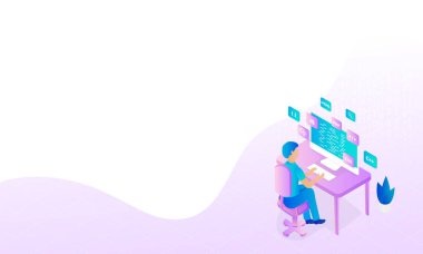 Web geliştirici veya Web geliştirme kavramı için arka plan kodlama matris üzerinde programcı izometrik çalışma alanı.