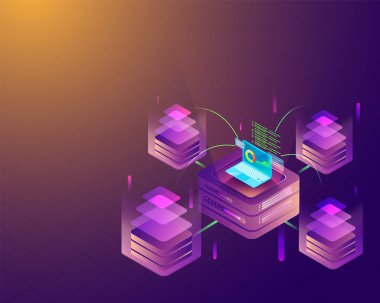 Veri merkezi kavramı için dört sunucuları verilerle izometrik çizimde dizüstü bağlı.