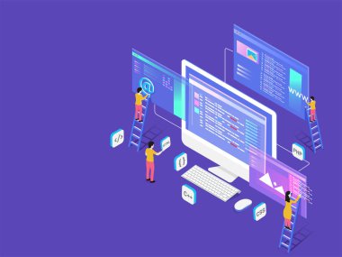 Minyatür web geliştiricileri için ekip çalışması veya Web geliştirme kavramı izometrik tasarım Web sitesi Bakımı.