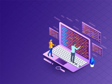 Web geliştirme kavramı, çözümleyici veya geliştirici mor zemin üzerine farklı programlama ekranlı dizüstü bilgisayarda çalışma.
