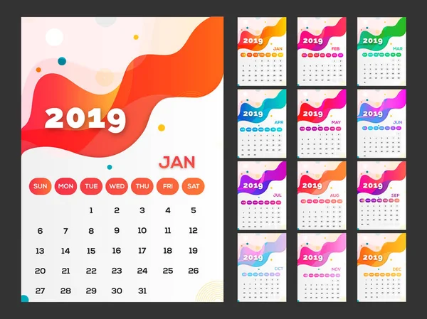 Jahreskalender Für 2019 Monatiger Schreibtischplaner Mit Abstraktem Wellenmuster — Stockvektor
