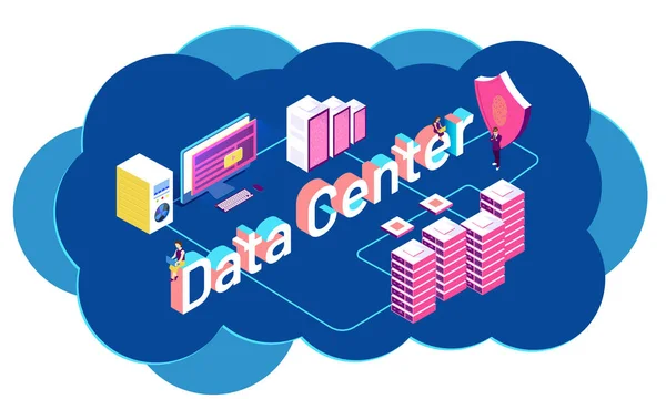 Data Center Conceito Proteção Dados Ilustração Servidores Locais Conectados Desktop —  Vetores de Stock