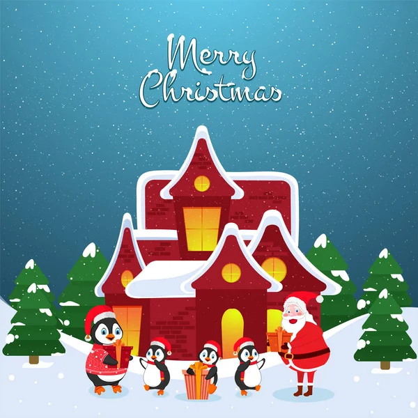 祭り祭典雪イラスト頂いたかわいいペンギンやサンタ クロースとメリー クリスマス グリーティング カード デザインの冬の風景の背景の家 — ストックベクタ