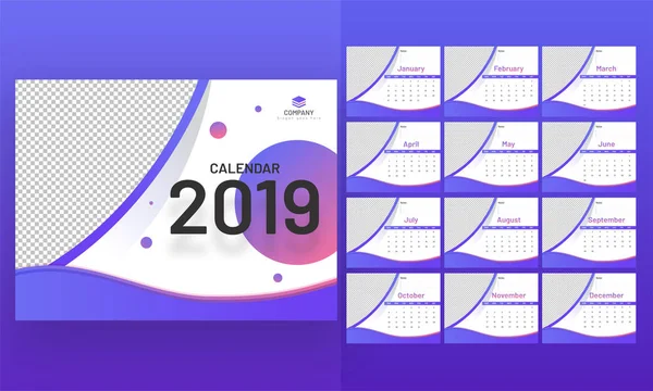 Calendrier Annuel Design Organisateur Pour 2019 Bleu Blanc Éléments Abstraits — Image vectorielle