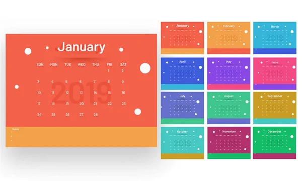 五颜六色的年度日历或组织者设计2019年 — 图库矢量图片