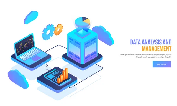 Portátil Isométrico Conectado Smartphone Servidor Con Elementos Infográficos Para Diseño — Vector de stock