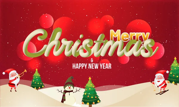 Стильное Написание Рождества Санта Клаусом Снеговиком Рождественскими Елками Красном Фоне — стоковый вектор