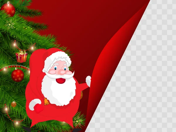 光沢のある赤い背景とあなたのイメージのためのスペースの飾り クリスマス ツリーと幸せなサンタ クロースの文字 グリーティング カードのデザインとして使用することができます — ストックベクタ