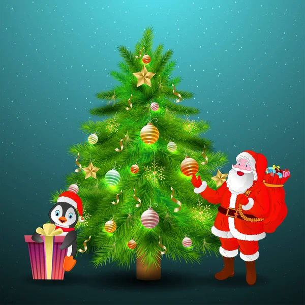 Реалистичное Рождественское Дерево Украшенное Безделушками Звездами Иллюстрацией Санта Клауса Пингвина — стоковый вектор