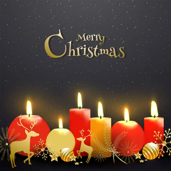メリー クリスマス グリーティング カード デザインの黒い背景に祭の装飾の要素で黄色と赤の色のリアルな点灯ろうそく — ストックベクタ