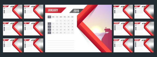 Полный Набор Месяцев Ежегодный Календарный Дизайн 2019 Год — стоковый вектор