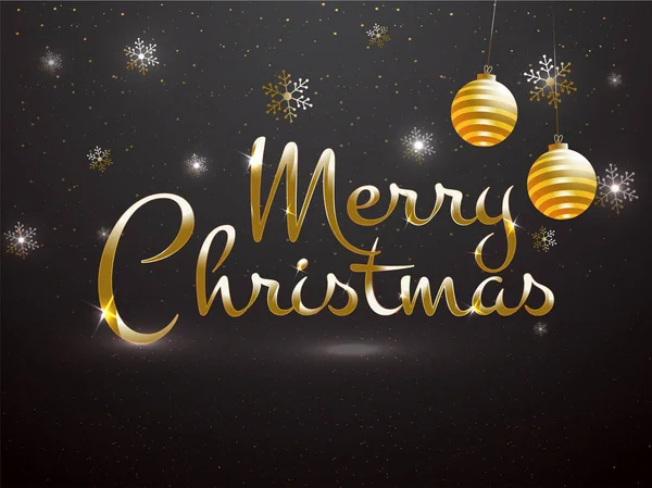 Glossy Tekst Merry Christmas Met Gouden Kerstballen Sneeuwvlok Zwarte Achtergrond — Stockvector