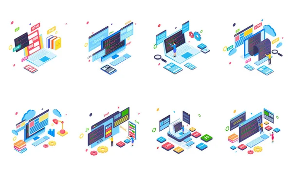 Programmazione Codifica Attrezzature Tecnologiche Impostate Sfondo Bianco — Vettoriale Stock