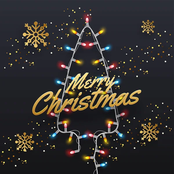 在黑色背景上由灯火通明的花环和雪花制成的圣诞树的插图 可用作贺卡设计 — 图库矢量图片
