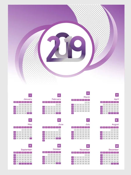 Design Del Calendario Annuale Con Testo Elegante 2019 Sfondo Viola — Vettoriale Stock