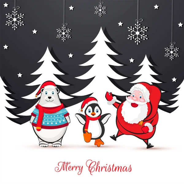 雪で飾られた冬の背景にかわいいサンタ クロース クマとペンギンのイラストでカード デザインを挨拶メリー クリスマス — ストックベクタ
