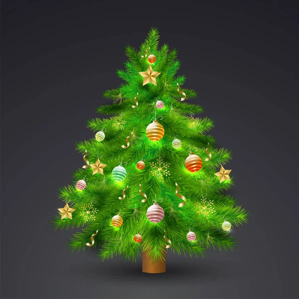 メリー クリスマス グリーティング カード デザインの光沢のある黒い背景に装飾的なクリスマス ツリーの図 — ストックベクタ