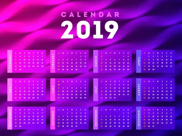 Conjunto 2019 Design Calendário Anual Fundo Ondulado Abstrato Brilhante — Vetor de Stock