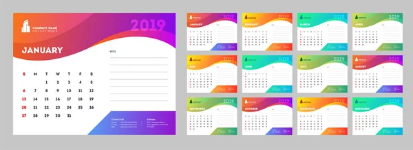 Calendrier 2019 Ensemble Mois Avec Fond Abstrait — Image vectorielle