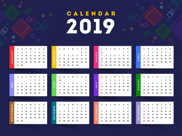 Conjunto Completo Meses Para 2019 Projeto Calendário Parede Anual Com — Vetor de Stock