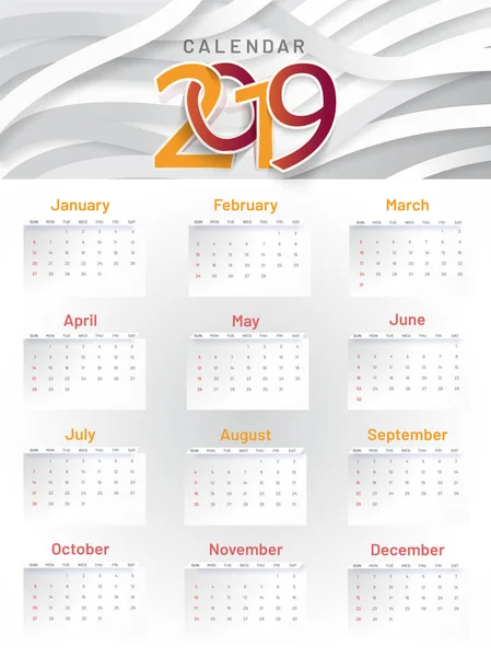 Wandkalender Oder Monats Planer Für Das Jahr 2019 — Stockvektor