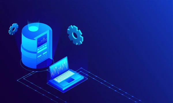 Ilustración Isométrica Base Datos Conectada Con Ordenador Portátil Sobre Fondo — Vector de stock