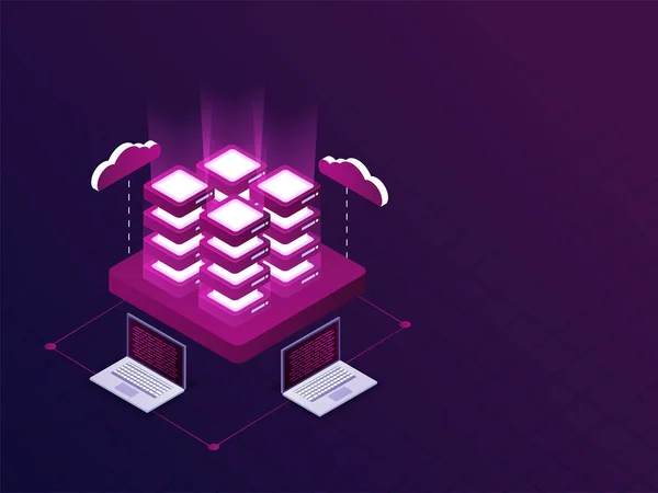 Vier Server Verbunden Mit Laptops Auf Violettem Hintergrund Isometrisches Design — Stockvektor