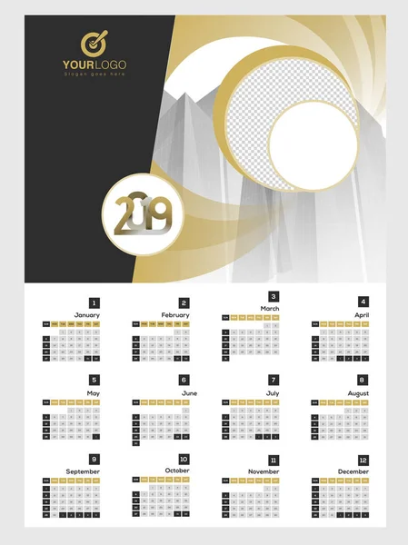 2019 Рік Дизайн Настінного Календаря Місцем Вашого Зображення Повний Набір — стоковий вектор