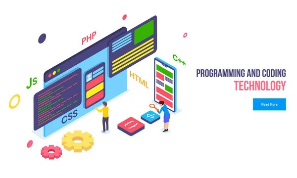 스마트폰 프로그래밍 개념에 브라우저에서 사람들의 아이소메트릭 — 스톡 벡터