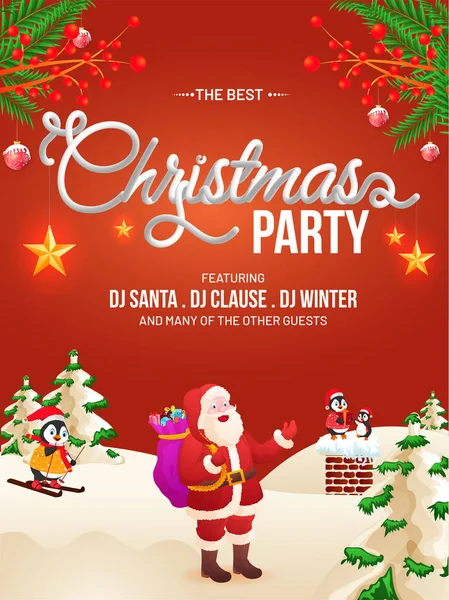 Christmas Party Template Flyer Design Cute Santa Illustration Penguins Winter — Stock Vector