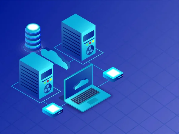 Ισομετρική Διακομιστές Και Φορητό Υπολογιστή Συνδεδεμένο Cloud Server Για Κέντρο — Διανυσματικό Αρχείο