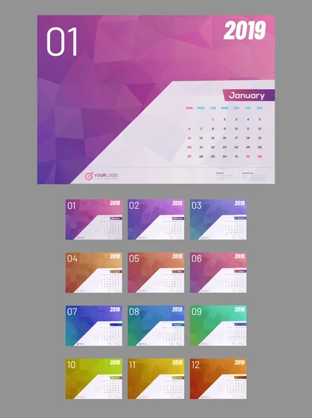 Collection Mois Calendrier Annuel 2019 Avec Espace Pour Votre Image — Image vectorielle