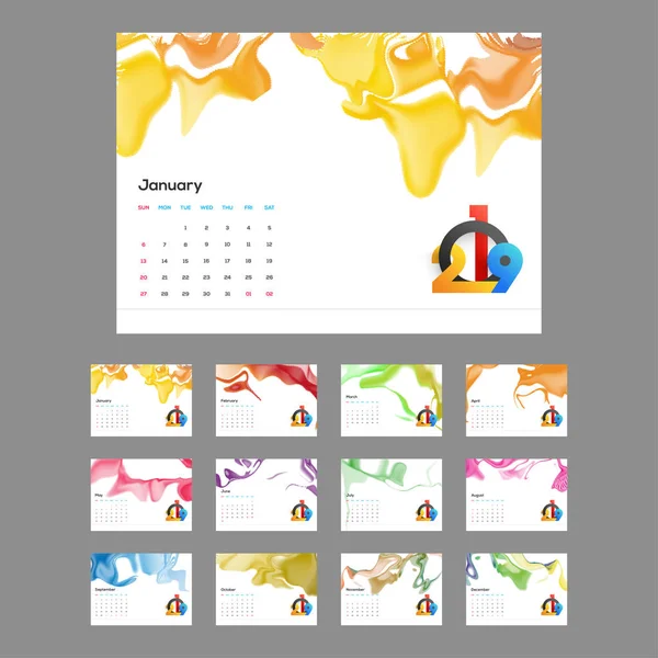 Conjunto Meses Diseño Calendario Anual Con Texto Elegante 2019 Trazo — Archivo Imágenes Vectoriales
