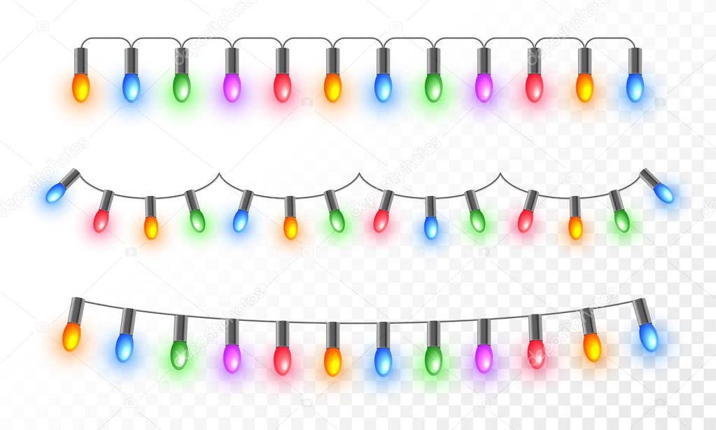 Colorful illuminated lighting garlands on png background for festival celebration concept.