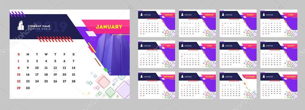 Yearly calendar design, set of 12 months desk planner with abstract pattern.