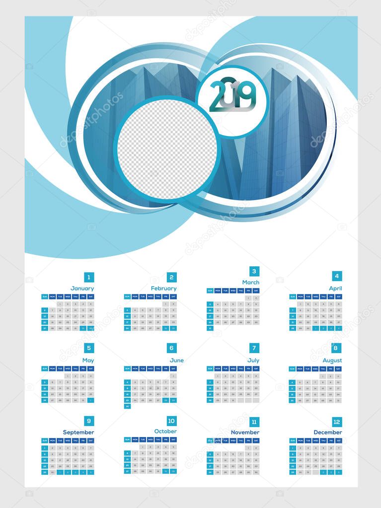 Wall calendar design for 2019 with abstract elements and place for your image.