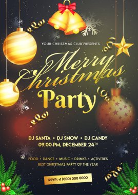 Altın jingle bells ve zaman ve mekan detayları ile siyah kar tanesi arka plan üzerinde baubles neşeli Noel partisi şablonu tasarım süslenmiş.