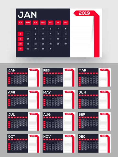 Schreibtischplaner Design Monats Kalender Für 2019 Mit Platz Für Ihre — Stockvektor