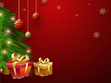 Tebrik kartı tasarımı Xmas ağacı ile dekore edilmiş, hediye kutuları ve baubles iletinizi alan parlak kırmızı zemin üzerine asmak.