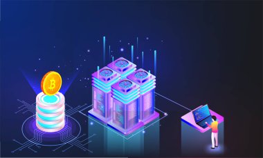 Veri merkezi bitcoin sunucuları, minyatür insanlar parlak mavi arka plan üstünde laptop üzerinde çalışma ile. 