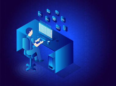 Parlak mavi arka plan üstünde okul sırası programda kodlama bir geliştirici çalışma alanının izometrik çizimde.