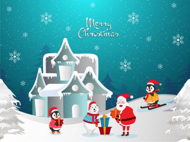 Neşeli Noel arka plan illüstrasyon kar ile ev, küçük penguenler kutluyor Festivali kış manzara arka plan üzerinde snata yan tümce ile kar taneleri ile dekore edilmiş şapkalı..