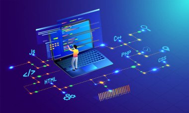 Dizüstü bilgisayar, güvenlik bar kod Web geliştirme kavramı için parlak mavi zemin üzerine farklı programlama dilleriyle çalışma analisti.