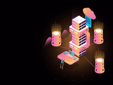 Veri merkezi birden çok veritabanı ve dizüstü bilgisayar, adam analizi ile bağlı veri, veri depolama ve merkezi kavramı için izometrik tasarım.